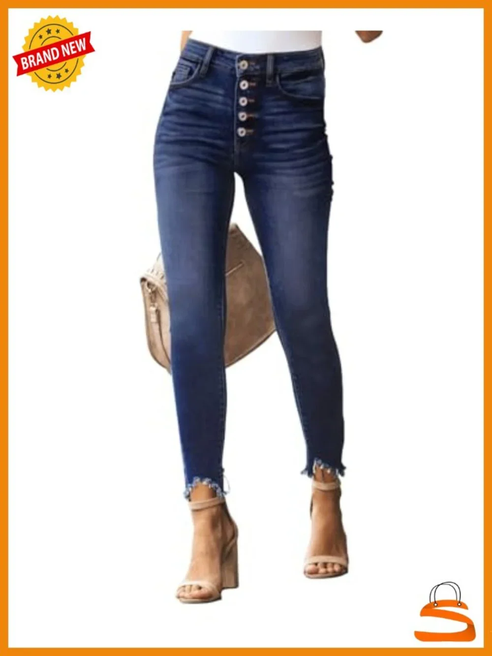 High Rise Skinny Stretch Button Ripped Jeans Destroyed Denim